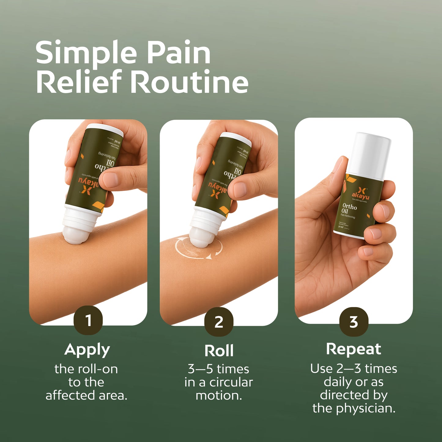 applying a roll-on pain relief cream to an arm, rolling it in circular motions, and repeating use
