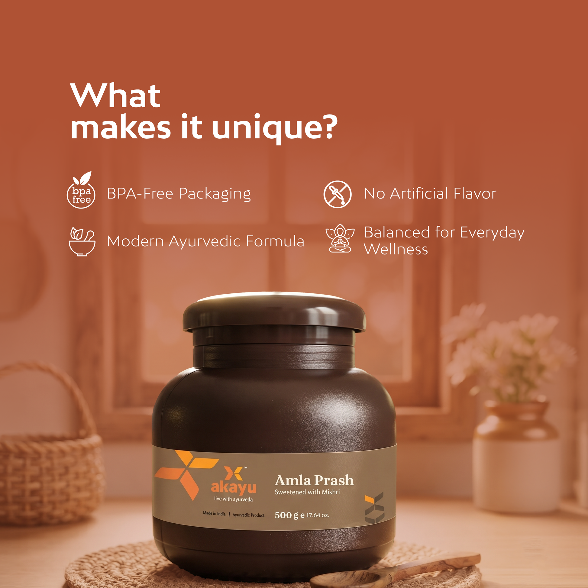 Close-up of Akayu Amla Prash Mishri Sweetened Jar Packaging